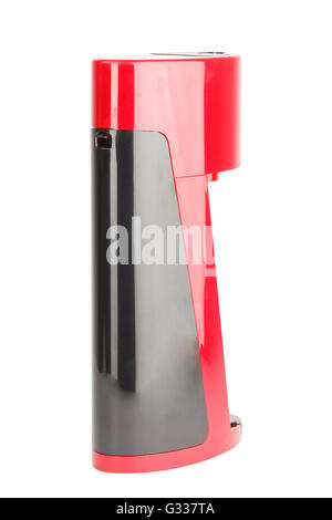 Soda sifon or Seltzer bottle. Red and black plastic.  Side view. Isolated on white background. Stock Photo