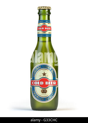 Beer bottle with label 'cold beer' isolated on white. 3d illustration Stock Photo