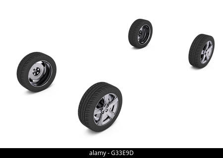 Four car wheels isolated on a white background. Include clipping path. 3d illustration Stock Photo