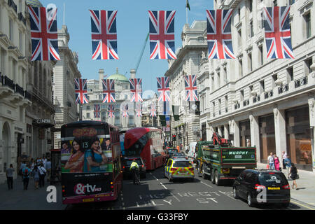 The view from the top deck of a bus traveling along Regent Street between Pall Mall and Piccadilly Circus Stock Photo