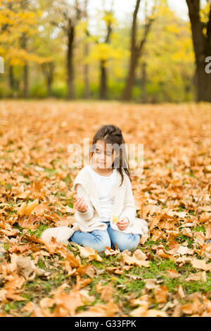 Adorable little girl in a autumn forest Stock Photo - Alamy