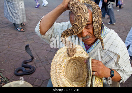 Snake charmer in Jemaa el-Fnaa square Marrakesh, Morocco Stock Photo