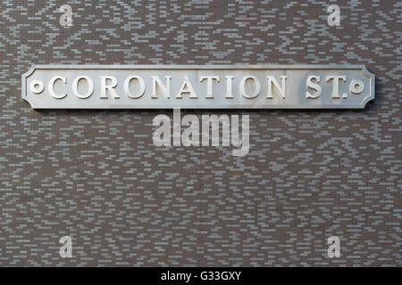 A Coronation Street sign as seen on a wall at Granada Studios at MediaCityUK, in Salford Quays area of Greater Manchester. Stock Photo