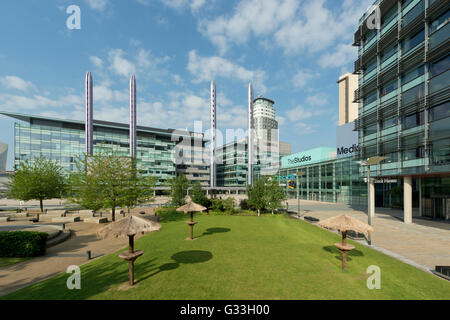 A garden lawn in MediaCityUK, whose tenants list the BBC, ITV, Granada, located in the Salford Quays area of Greater Manchester. Stock Photo