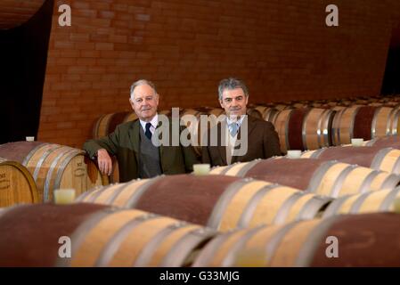 The Marchese Piero Antinori with the enologist Renzo Cotarella  photographed in the Marchesi Antinori winery in Tenuta Bargino, Stock Photo