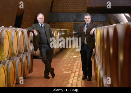 The Marchese Piero Antinori with the enologist Renzo Cotarella  photographed in the Marchesi Antinori winery in Tenuta Bargino, Stock Photo