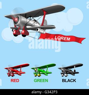 Old airplane model flying in the sky with clouds, silver, green and black set collection over blue background. Digital vector im Stock Vector