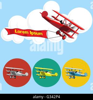 Old airplane model flying in the sky with clouds, silver, blue, red and yellow set collection over blue background. Digital vect Stock Vector