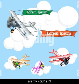 Old airplane model with ribbons flying in the sky with clouds, silver, pink, red and orange set collection over blue background. Stock Vector