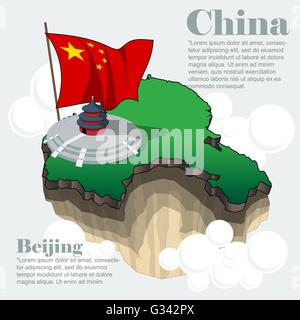 China country infographic map in 3d with country shape flying in the sky with clouds,  the big flag and traditional house. Digit Stock Vector