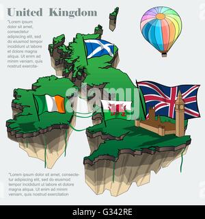 United kingdom country infographic map in 3d with country shape flying in the sky with clouds, big flags of ireland scotland and Stock Vector