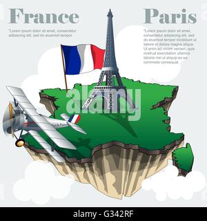 France country infographic map in 3d with country shape flying in the sky with clouds, big flag eiffel tower and a flying old ai Stock Vector