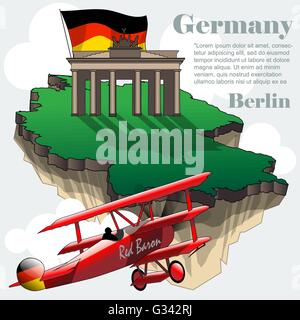 Germany country infographic map in 3d with country shape flying in the sky with clouds, big flag, brandenburg gate and a flying  Stock Vector
