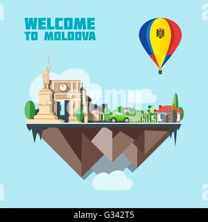 Moldova country infographic map in 3d with country shape flying in the sky with clouds, big flag in a colored balloon with landm Stock Vector
