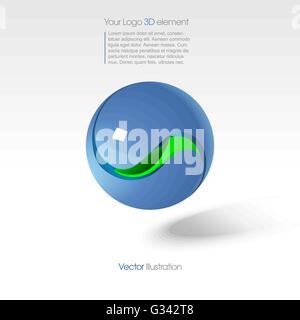 Abstract big logo in 3d with a blue sphere with green kernel, text and shadow. Digital vector image. Stock Vector