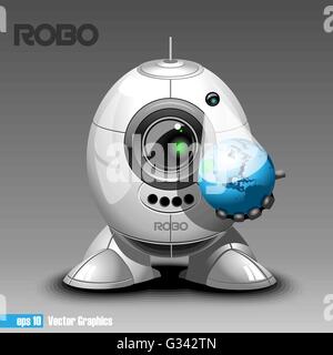 Silver robo eyeborg projecting the planet earth in 3d, holding in hand. Big green and black eye and antenna, two feet. Digital v Stock Vector