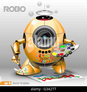 3d orange robo eyeborg painting with a pencil on a paper, holding in hand. Big blue and black eye and antenna, two feet. Digital Stock Vector