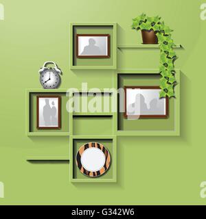 Green square shelf on a wall with family pictures, clock, plate and flower pot. Digital vector image Stock Vector