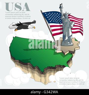 Usa country infographic map in 3d with country shape flying in the sky with clouds, big flag, liberty statue and flying eagle. D Stock Vector
