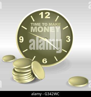 Big 3d clock with time to make money text. Reflection on the glass, big coins. Digital vector image Stock Vector