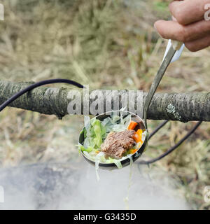 Ladle soup with meat and vegetables over a steaming pot on the picnic Stock Photo