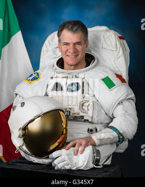 International Space Station Expedition 52 European Space Agency astronaut Paolo Nespoli official portrait wearing the the EMU space suit his January 12, 2016 in Houston, Texas. Stock Photo