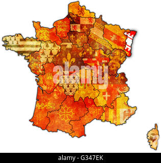 Alsace on old map of france with flags of administrative divisions Stock Photo