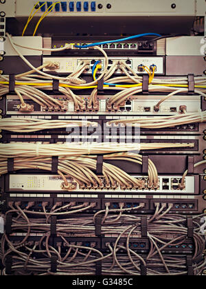 Patch Panel server rack with cords in different colors Stock Photo