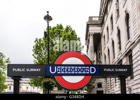 London Underground Public Subway sign in Trafalgar Square Stock Photo