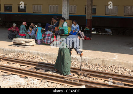 Quay in Yangon station with old British train in Yangon station, Yangon, Yangoon, Myanmar, Burma, Birma, South Asia, Asia Stock Photo