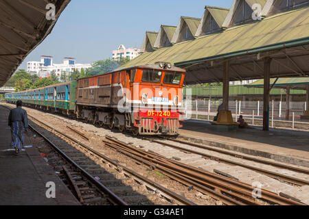 Old British train arriving in Yangon station, Yangon, Yangoon, Myanmar, Burma, Birma, South Asia, Asia Stock Photo