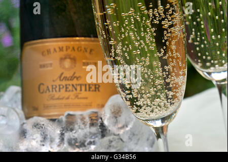 Champagne bubbles freshly poured glasses of Andre Carpentier Champagne with bottle iced wine cooler behind on alfresco terrace table Stock Photo