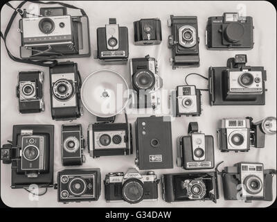 antique camera collection, still life flat lay Stock Photo