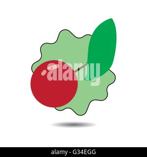 Flat red cherry icon with green leaf, with shadow over white background. Digital vector image Stock Vector
