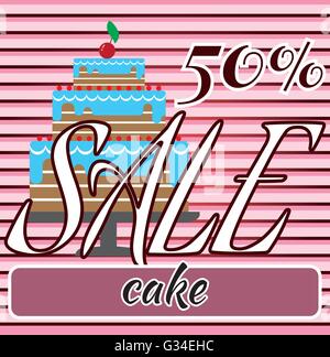 Card with a cream cake with cherry on top over a background in lines and sale text. Digital vector image. Stock Vector