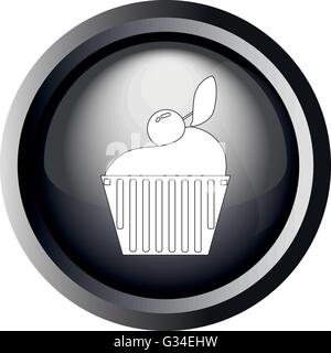 Card with a cake with cherry on top, in round frame in 3d over a white background, in black and white outline style. Digital vec Stock Vector