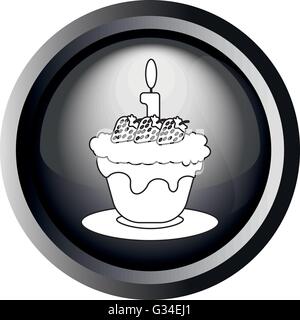 Card with a cake with strawberries with seeds and burning candle on top, in round frame in 3d over a white background, in black  Stock Vector
