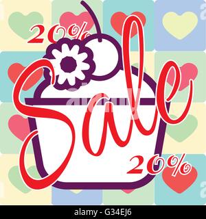 Card with a cream cake with candy and cherry on top over a colored background with hearts and sale text. Digital vector image. Stock Vector