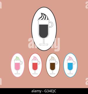 A glass of coffee with ice cream set, in outlines, over a peach background. Red, green, blue, pink. Digital vector image Stock Vector