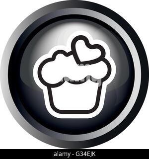 Card with a cream cake with heart on top in round frame in 3d over a white background, in black and white outline style. Digital Stock Vector