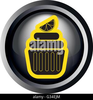 Card with a yellow cream cake with slice of lemon on top in round frame in 3d over a white background, in black and white outlin Stock Vector