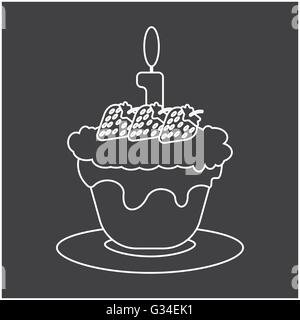 Candy card with a big chocolate cream cake with burning candle on top and strawberries with seeds, over silver background in out Stock Vector