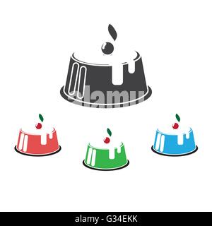 Candy card with set of big fruit cream cakes with chocolate and cherries, over white background. Blue, silver, red and green. Di Stock Vector