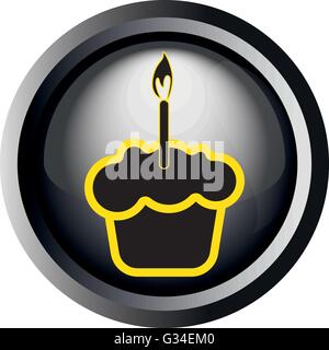 Card with a cream cake and burning candle on top in round frame in 3d over a white background, in black and yellow outline style Stock Vector