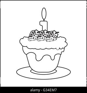 Candy card with a big chocolate cream cake with strawberries with seeds, a burning candle on top, over white background in outli Stock Vector