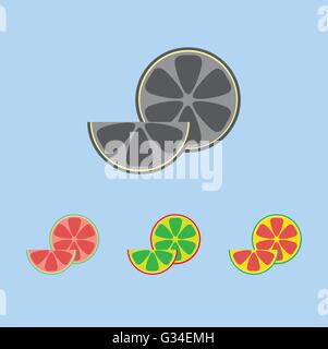 A lemon in section and a slice, in outlines, over a light blue background. Red, green, yellow and silver. Digital vector image. Stock Vector