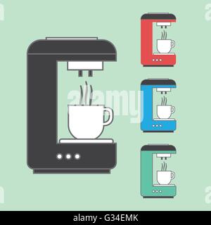 A set of coffee machines pouring hot coffee in white cups, over a light green background. Red, blue and green. Digital vector im Stock Vector