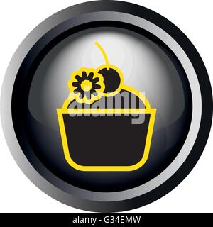 Card with a cake with candy and cherry on top, in round frame in 3d over a white background, in black and yellow outline style.  Stock Vector