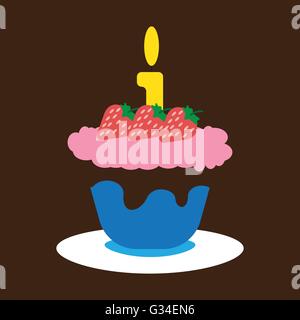 Candy card with a big fruit cream cake with chocolate and strawberries, big burning candle on top, over brown background. Blue,  Stock Vector