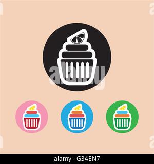 Candy card with a cream cakes, lemon slice on top, over peach background. Blue, yellow, pink, green and black. Digital vector im Stock Vector